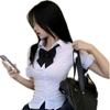 Women's Two Piece Outfit Short Sleeve Blouse V-Shaped Waist Pleated Skirt Preppy Academy Style JK Uniform Matching Set