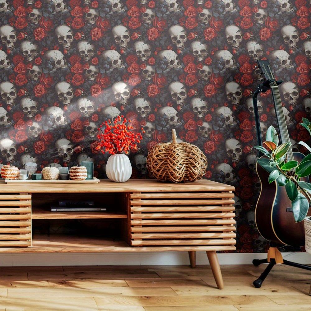 

1 шт. Темные обои с розами и черепами в винтажном цветочном стиле, самоклеящиеся обои, съемные водонепроницаемые наклейки на стену 45*300cm