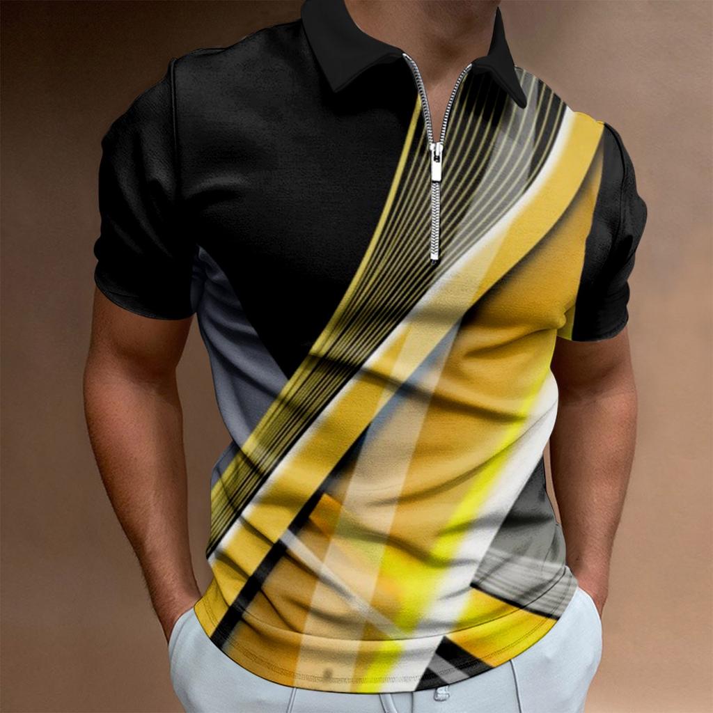 Work Clothes Creative Stripe 3D Printing Men's Short-sleeved Zip Shirt
