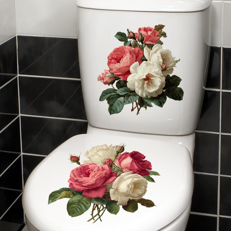 2Pcs Creative Rose Flower Waterproof Toilet Sticker Bathroom Wall Background Decal Home Decoration Self-adhesive Posters