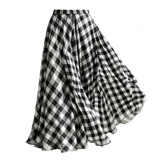 Women Maxi Skirt, Elastic Waist Plaid Print Long Skirt, Flowy Hem Lightweight Summer Skirt for Beach Travel Vacation Party