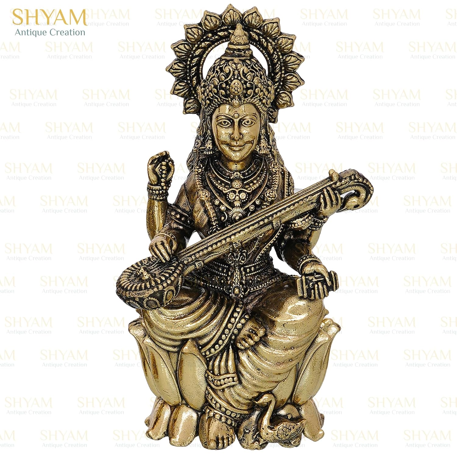 Goddess Saraswati Ji Sitting Idol, Maa Sharada Playing Veena Statue - 4.5 Inch