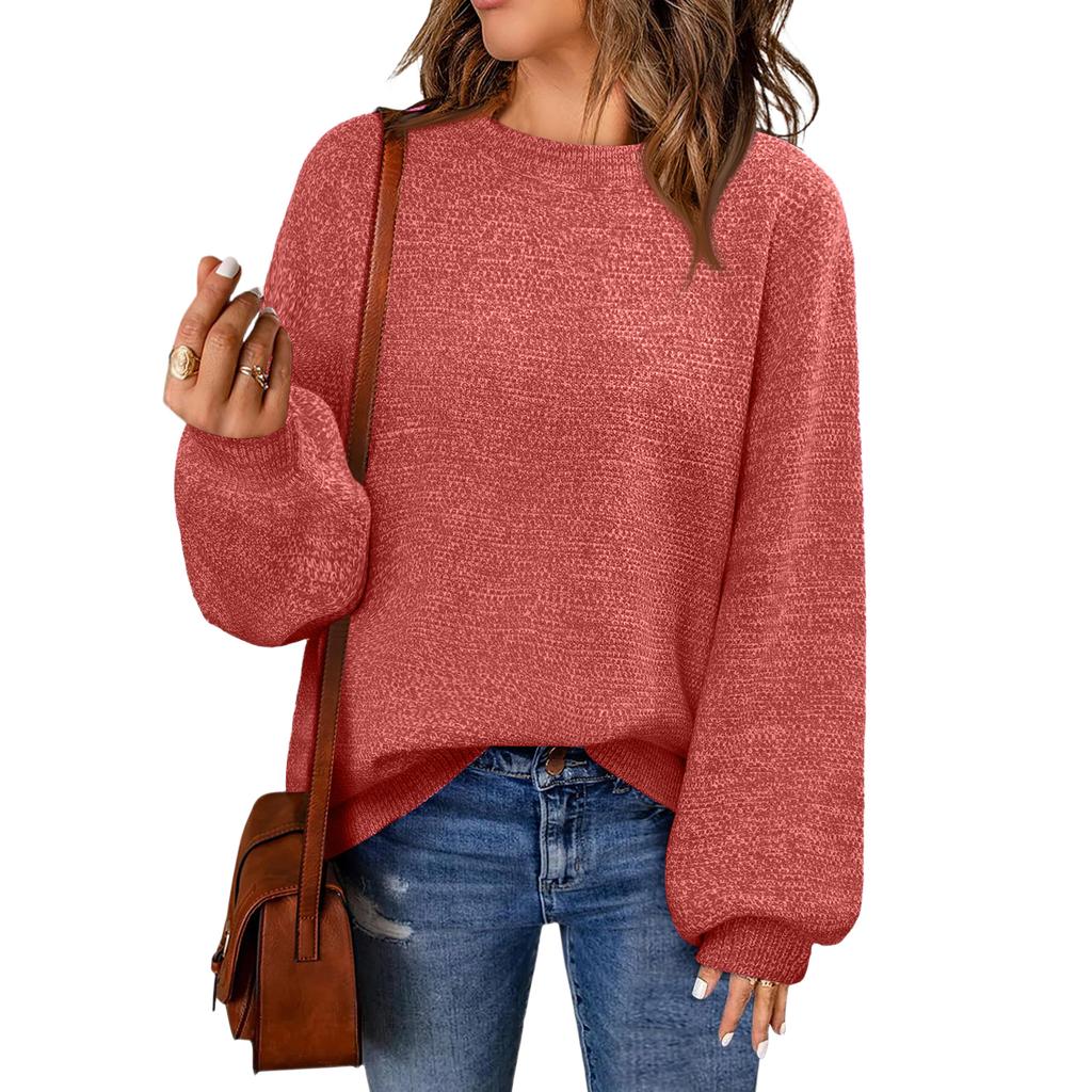 Women's Fashion Round Neck Pullover Sweater Casual Versatile Solid Color Knit Top