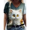 Summer V-neck Funny Cat Pattern 3D Printed Top Fashionable Casual Short Sleeved Women's T-shirts