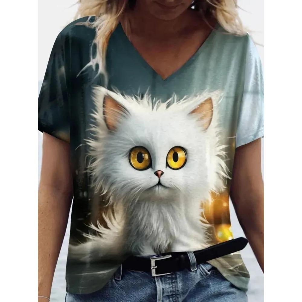 Summer V-neck Funny Cat Pattern 3D Printed Top Fashionable Casual Short Sleeved Women's T-shirts