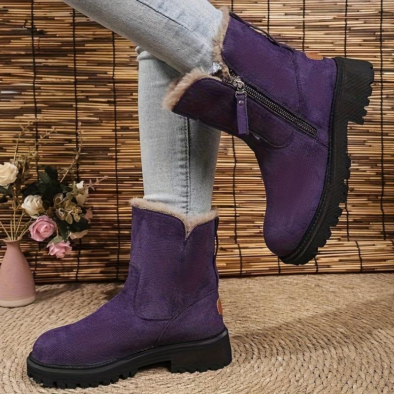 Women's Vintage Plush Fleece-Lined Winter Boots - Deep Purple Round-Toe Mid-Calf Boots