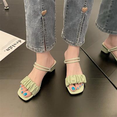 Hongtong 2025 Summer New Korean Version Thick Heel Sandals Women's One-word Buckle with Square Head Fold Middle Heel Women's Shoes Tide