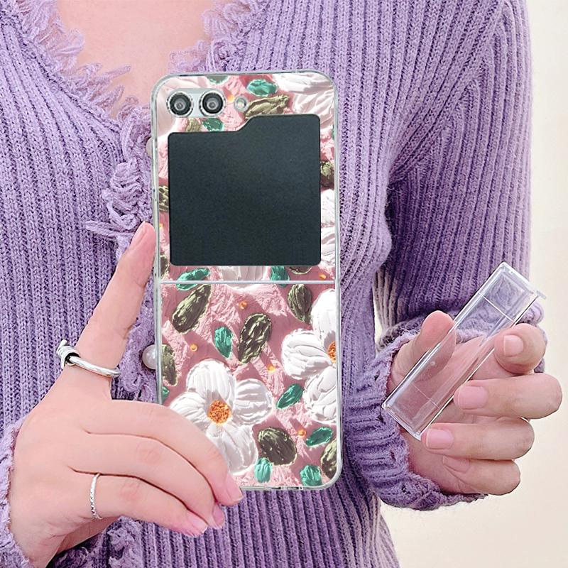 Oil Painting Flower Phone Case For Samsung Galaxy Z Flip6 Flip5 Flip4 Flip3 5G Hard PC Clear Folding Cover For Samsung Z Flip 6