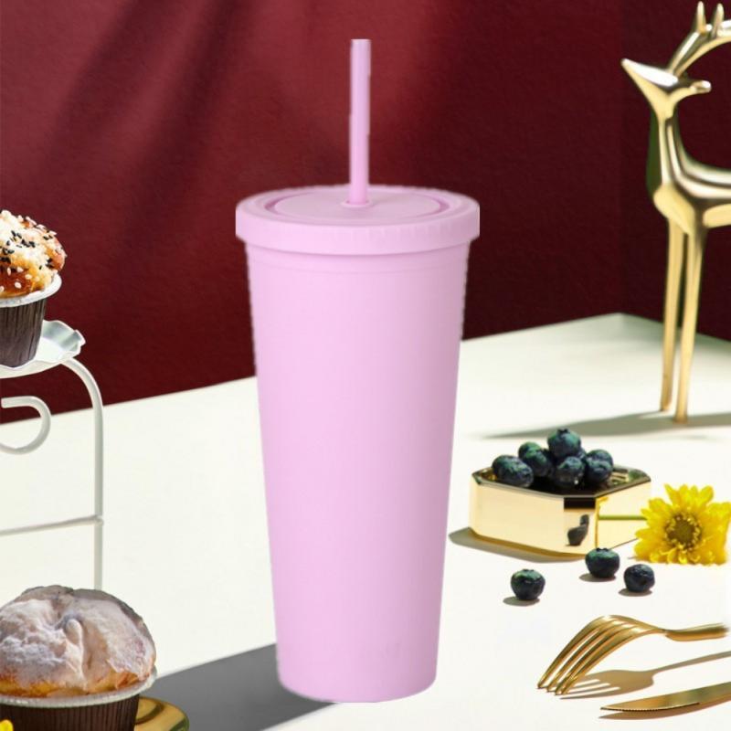 Straw Cup With Lid 2 - Floor Coffee Cup Outdoor Water Cup Large Capacity Matte Finish Portable Creative Plastic Drum