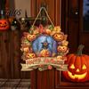 Easy Install Halloween Sign Wooden Hanging Decor Sign, Spooky Black Cat Pumpkin Witch Ghost Ornaments Window Decoration with Jute Rope, Festive