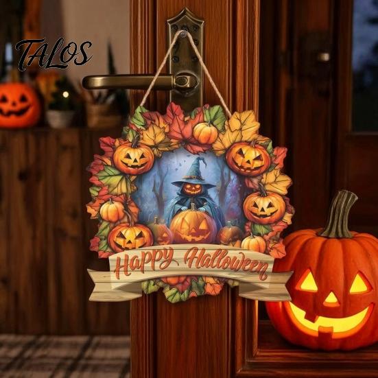 Easy Install Halloween Sign Wooden Hanging Decor Sign, Spooky Black Cat Pumpkin Witch Ghost Ornaments Window Decoration with Jute Rope, Festive
