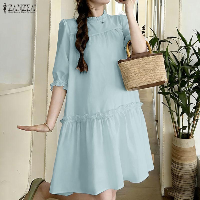 ZANZEA Women Casual Round Neck Solid Color Loose Half Sleeve Dress