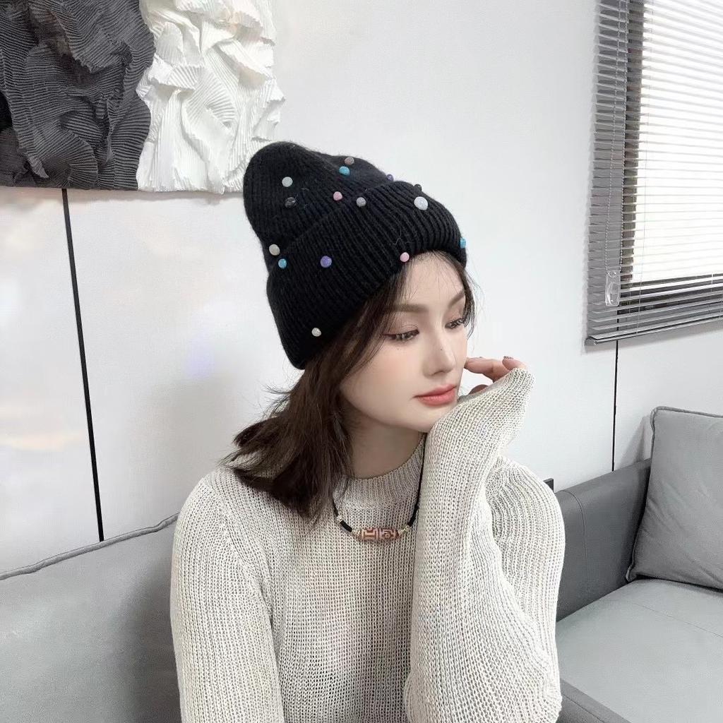 New Rabbit Hair Handmade Colorful Pearl Wool Hat Men and Women Outdoor Warm Personality Street Knitted Head Cold Hat