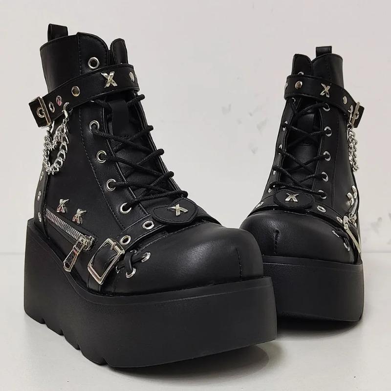 Botas de Plataforma Góticas Vampiro Cosplay Femininas de Cano Médio 2024 Inverno Cunhas Confortáveis Botas de Motocicleta Femininas