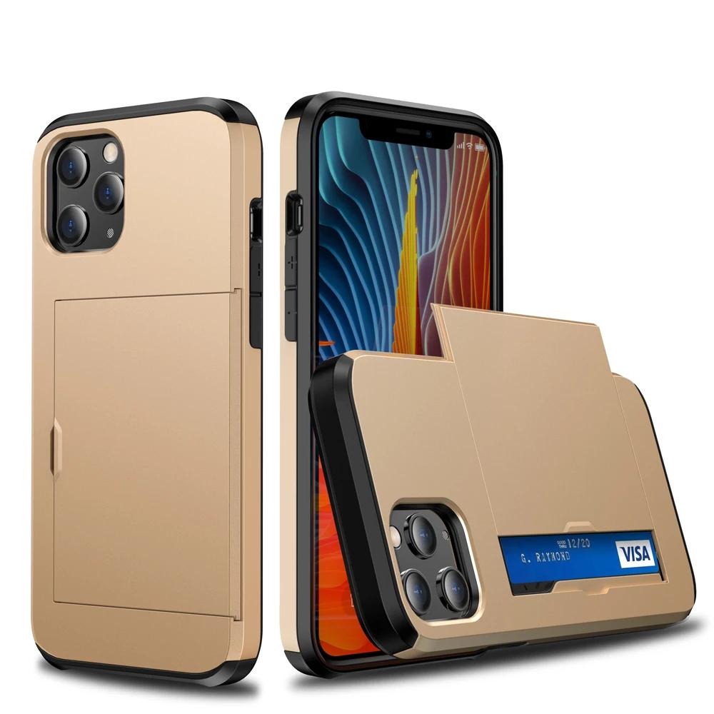 Armor Slide Card Case For iPhone 15 14 13 Pro Max 12 Mini 11 12 Pro Max XS Max XR X Card Slot Holder Cover Wallet Slide Cover