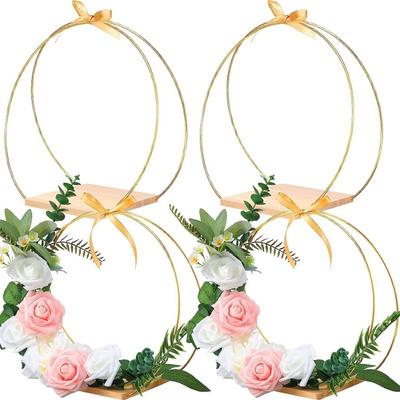2PCS Metal Floral Hoop with Stand Metal Wire Wreath Frame Wood Base Flower Floral Rings Macrame DIY Crafts Garland for Spring Wedding Party Decor