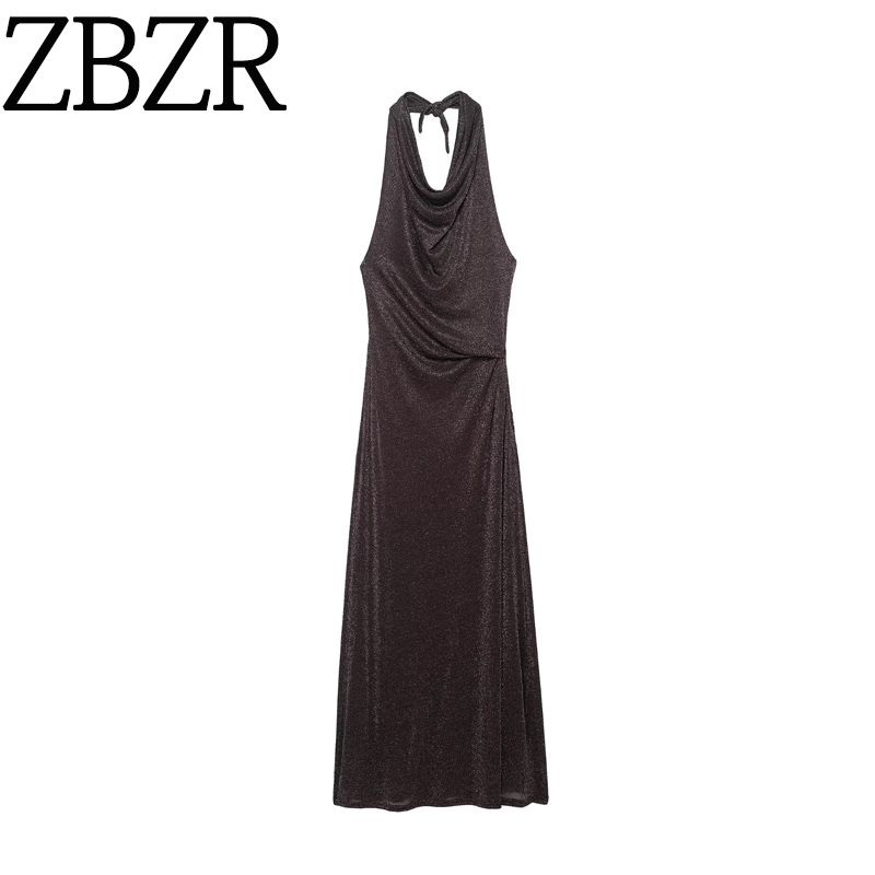 Zbzr Spring New Women Clothes Western Style Fashion Sexy Backless Metallic Line Length Dress 2180237