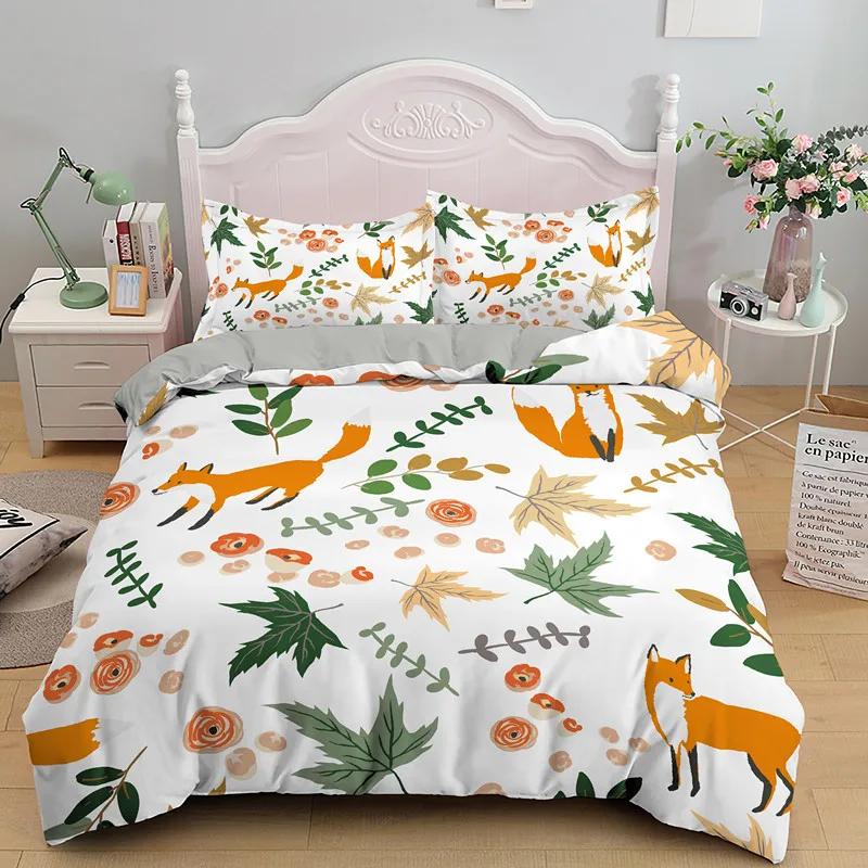Cartoon Fox King Queen Duvet Cover Lovely Orange Animal Floral Bedding Set Kids Girls Flowers Plant 2/3pcs Polyester Quilt Cover