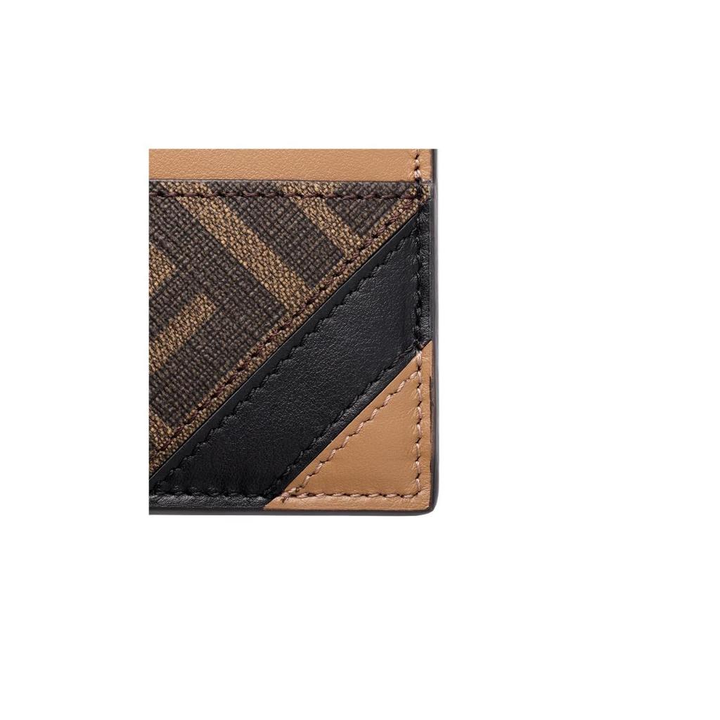 FENDI Classic Double F Logo Contrast-Striped Calfskin Card Holder for Men in Brown