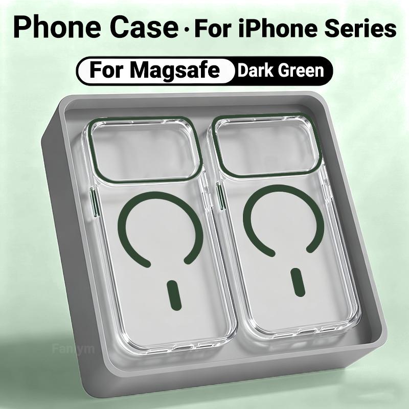 

Роскошный прозрачный чехол для телефона Magsafe для iPhone 17 Pro Max 16 15 14 13 Pro Max Plus Air, чехол с металлическими кнопками, крышка, funda For iPhone 17 ProMax темно-зеленого