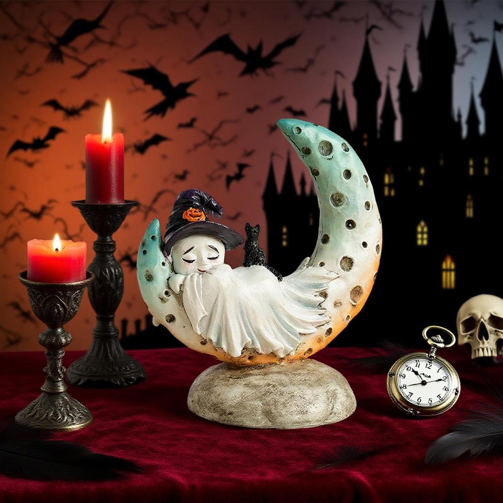 Creative mermaid moon little ghost Figurines  with Witch Hat Halloween resin craft Home Decor living room decoration for Holiday