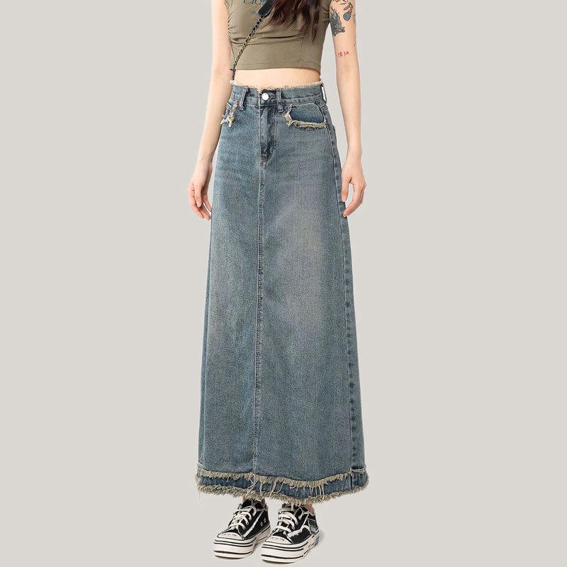 Elegante Klassische Frau Raw Edge Weibliche Sommer Retro A-linie Paket Hüfte Abdeckung Fleisch Mittellangen Dünnen Vielseitig Bequemen Mode Denim Bustier Rock
