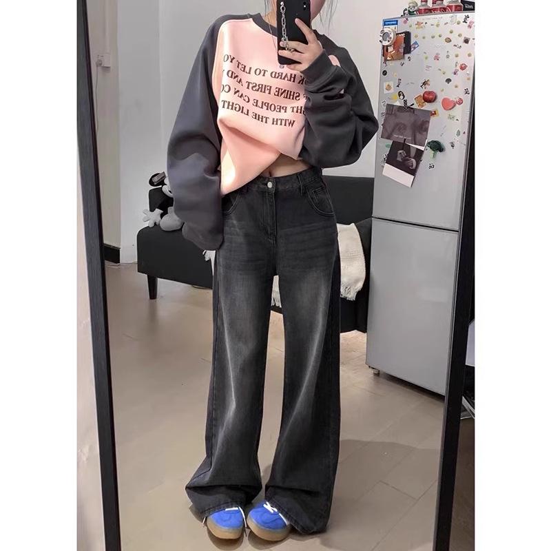 

Plus Size Women s High Waist Black Floor-Length Wide Leg Jeans - 2024 Spring/Autumn Slimming Loose Fit M