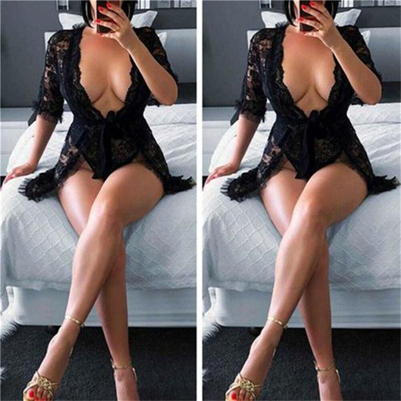 Women Sexy Lingerie Black Lace Dress Robe Sleepwear Ladies Female See Through Floral Nightgown Underwear