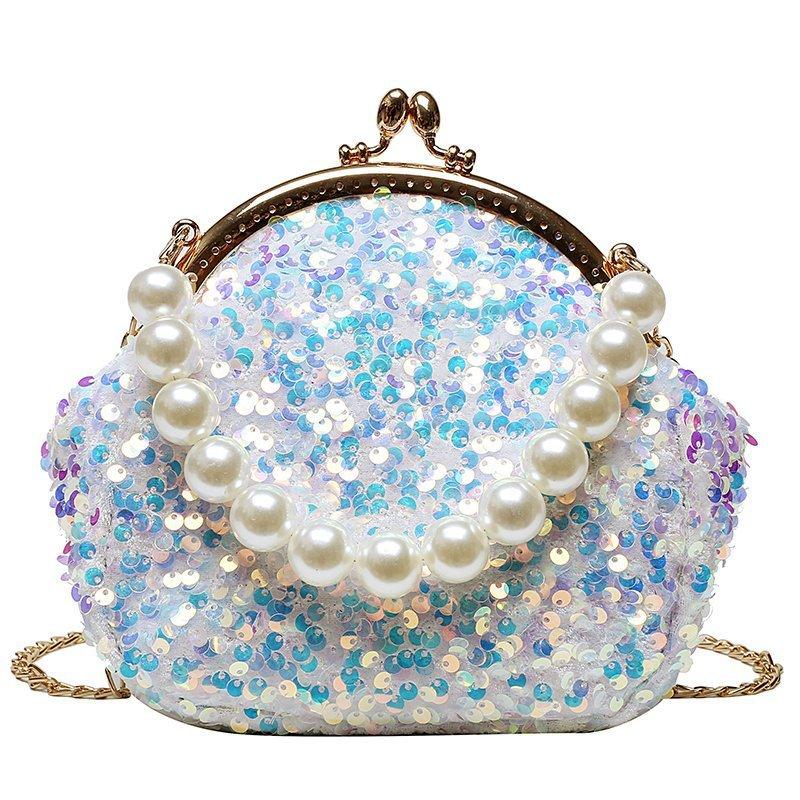 

New Pearl Bracelet Glitter Evening Bag 2026 Korean Fashion Sequined Clip Buckle Purse Cute Small Shell Clutch Party Handbags белый