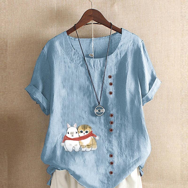 Damenmode Katzen und Kaninchen bedrucktes Rundhals Kurzarm T-Shirt Lässig Baumwolle Leinen Grafik Shirt Freizeit Locker Sommer Bluse Tops