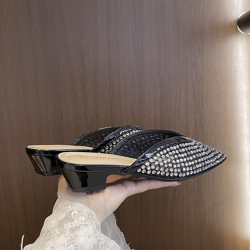 

Прозрачные стразы полые полутапочки женские толстый каблук низкий каблук сумка-носок сандалии летняя обувь юбка 35 чёрный