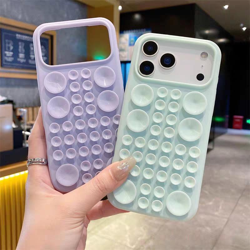 INS Cute Creative Suction Cup Silicone Soft Case For iPhone 17 Air 16 15 14 13 Pro Max Selfie Gadget Holder Sucker Phone Cover