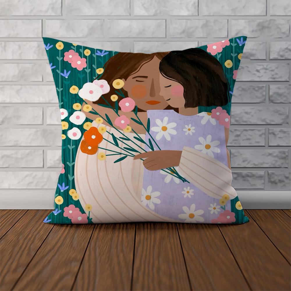 Love Mother Kids Flower Art Pillow Case For Car Sofa Decorative Home Double-sided Print Plush Square Throw Pillow Cushion Cover