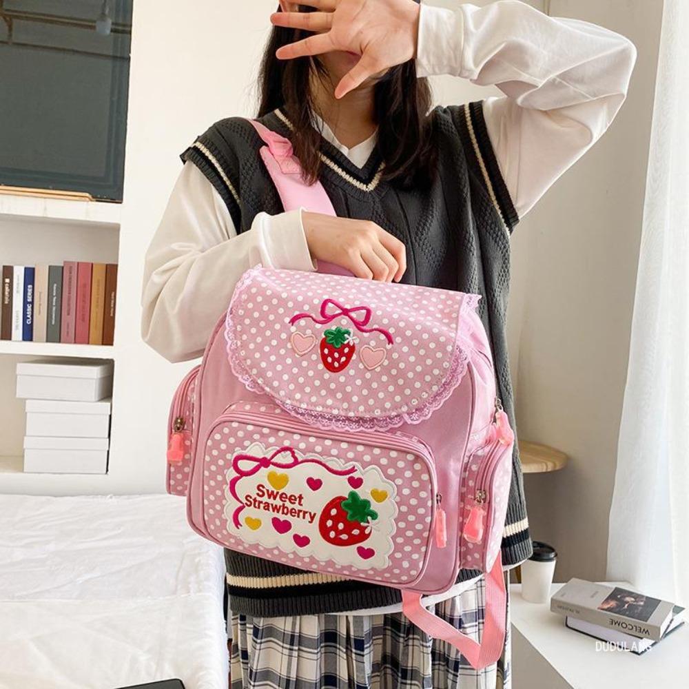 Kawaii Kids School Bag Large Capacity Cute Strawberry Embroidery Student Mochila Nylon Dots Campus Bag for Teenager Girl