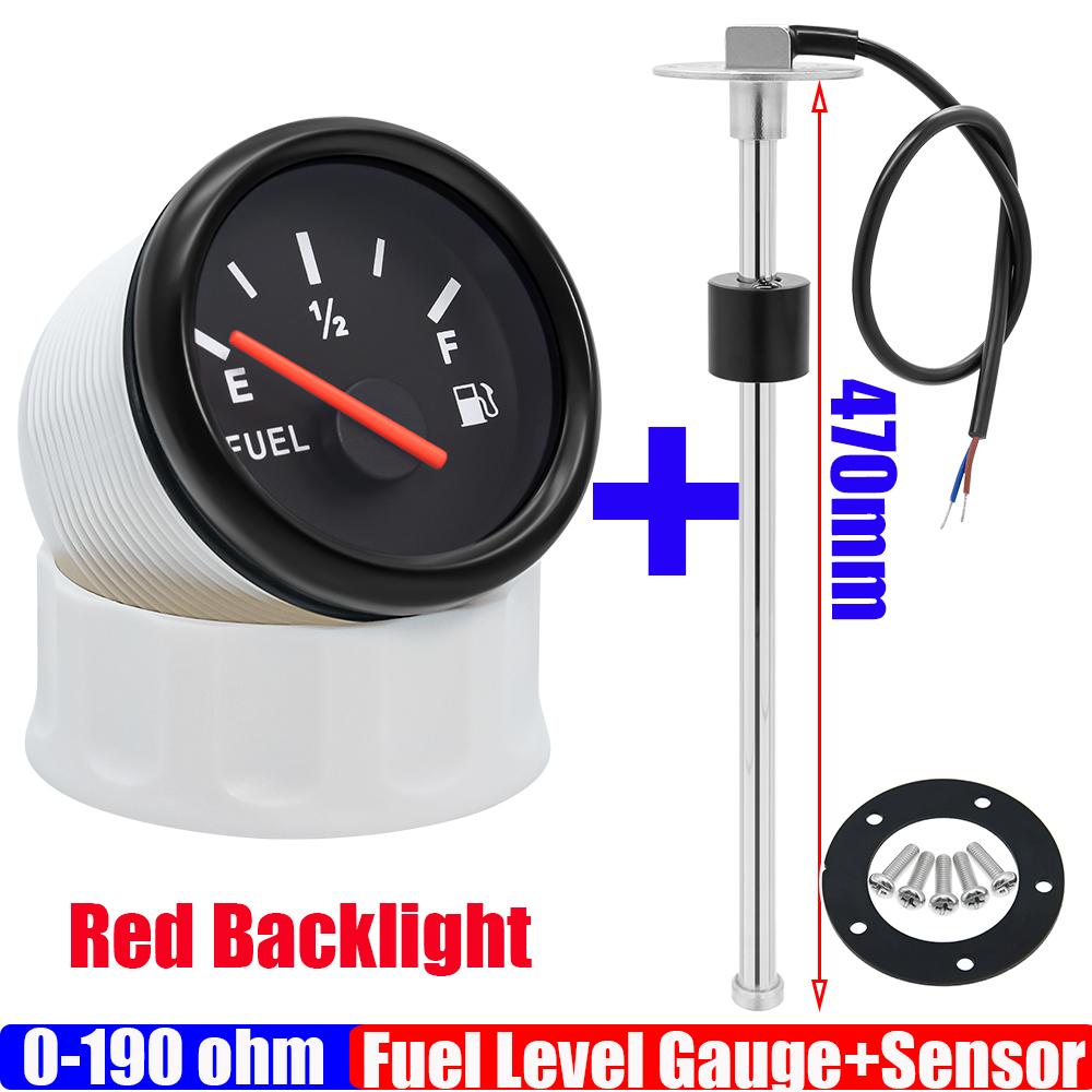 0-190 OHM 2" 52mm Fuel Level Gauge with Red Light + Fuel Level Sensor 130mm 230mm 270mm 530mm for All Auto Boat Yacht 12V 24V
