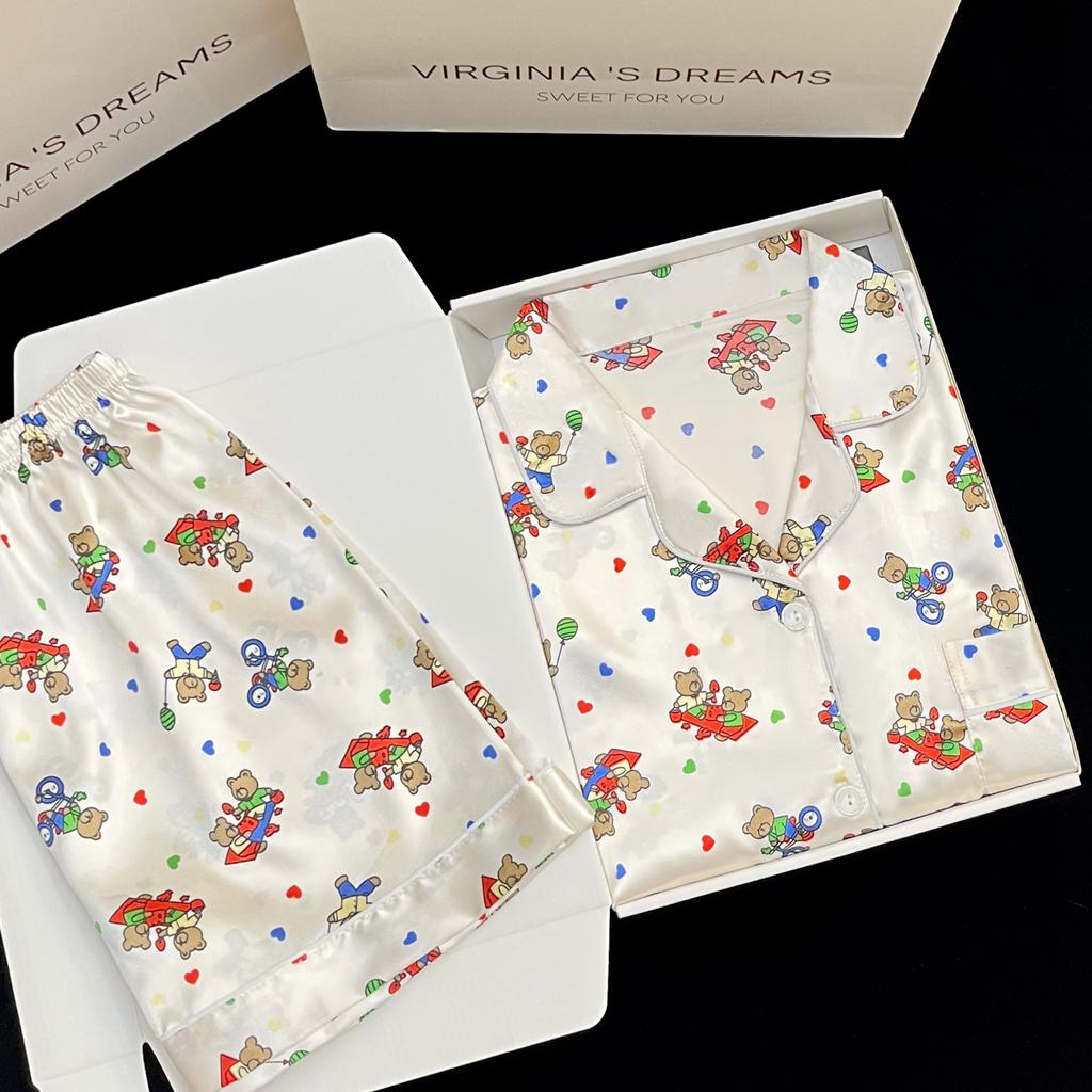 Letni Nowy Damski Słodki Satynowy Zestaw Piżamy z Kwiatowym Wzorem Krótki Rękaw+Spodnie Damskie Uroczy Strój Domowy Codzienny