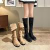 New Fold Women's Vintage Brown Metal Belt Buckle Western Cowboy Boots Square High Heel Long Boots Fashion Knight Boots 2024