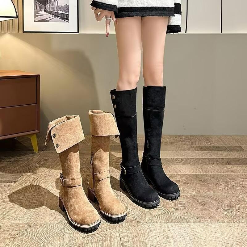 New Fold Women's Vintage Brown Metal Belt Buckle Western Cowboy Boots Square High Heel Long Boots Fashion Knight Boots 2024