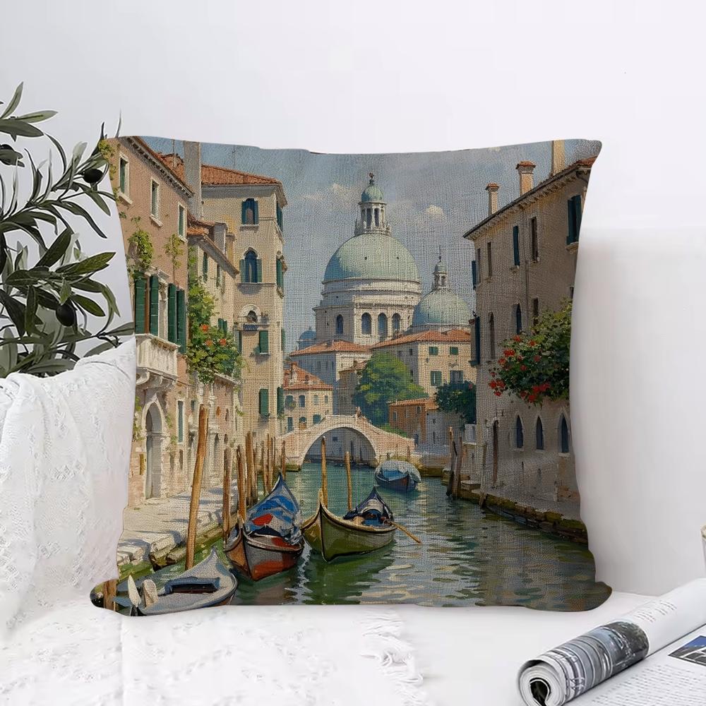 Oil Painting Venice Town Cushion Cover Eco Linen Pillow Case DoubleSided Print Breathable Durable Zipper Home Decor Gift