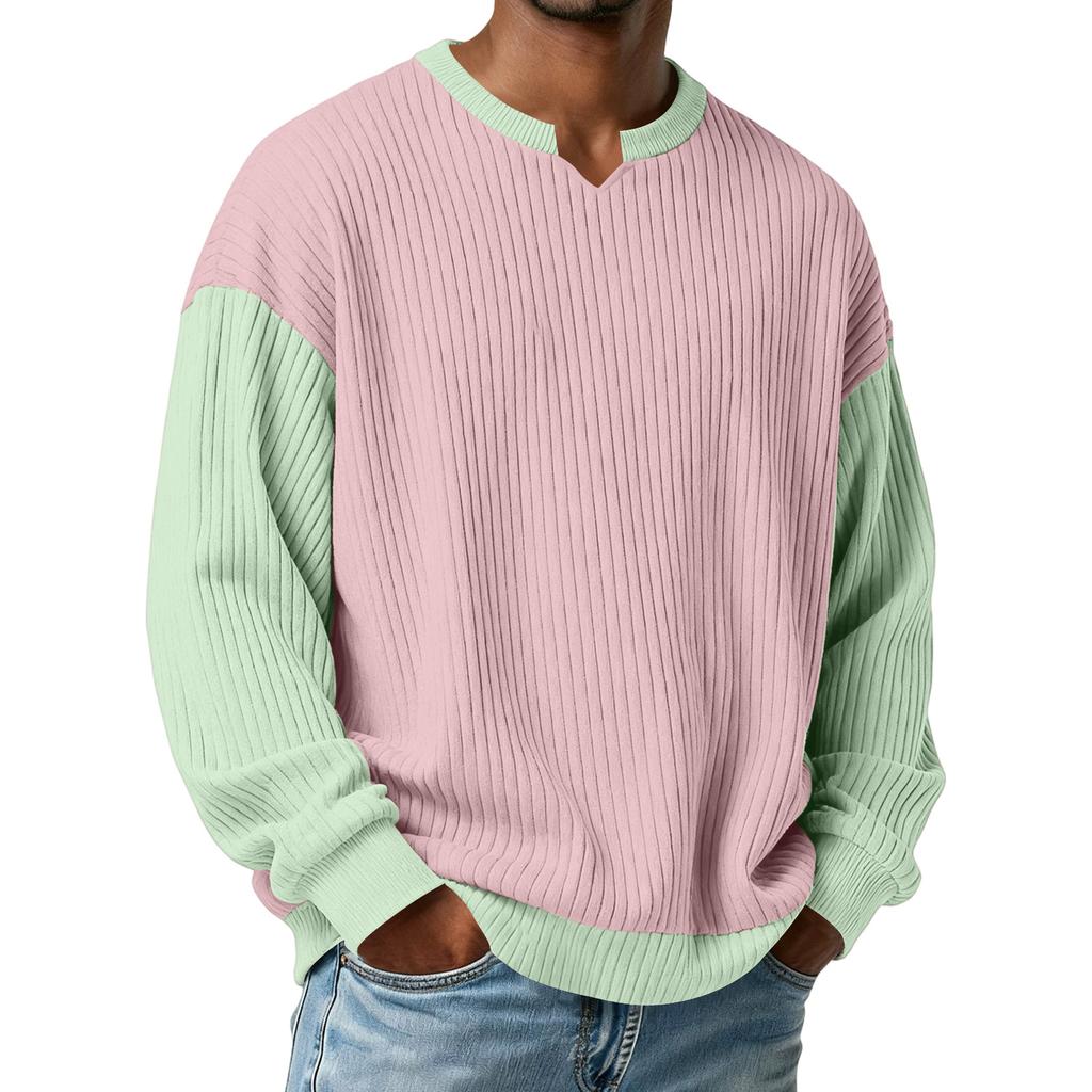 Herrars Färgblockerad Stilfull V-ringad Ribbad Texturerad Långärmad T-shirt