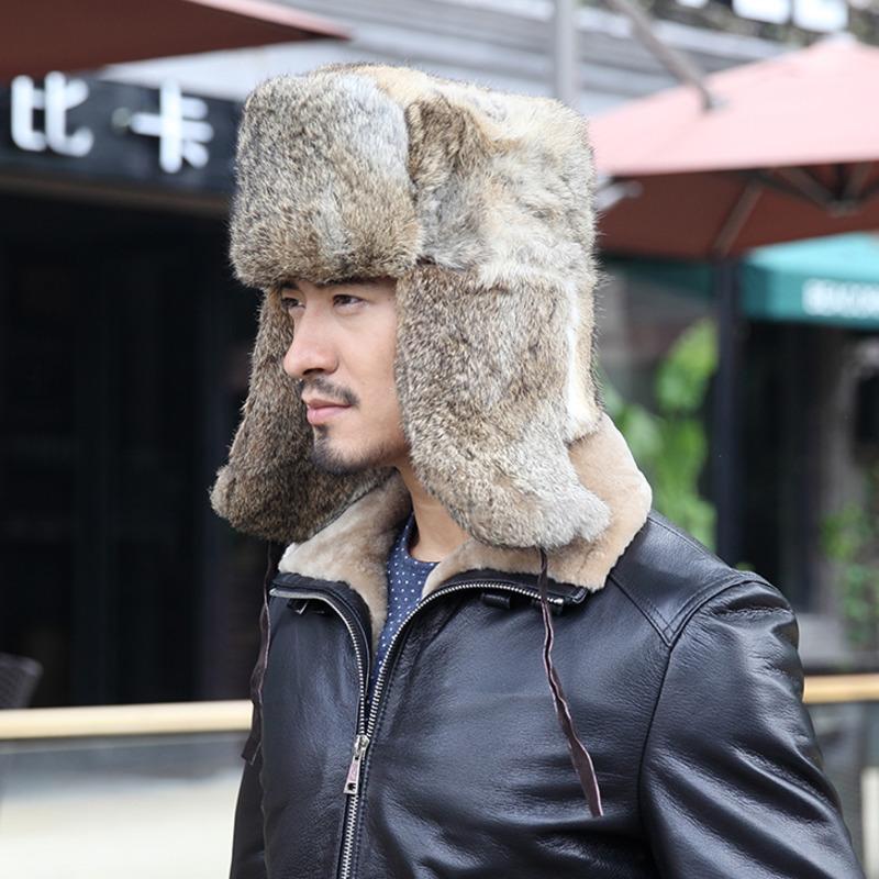 Real Rex Rabbit Fur Hat Men's Lei Feng Hat Winter Outdoor Thickened Warm Genuine Fur Hat Russian Natural Fur Ear Protection Hat