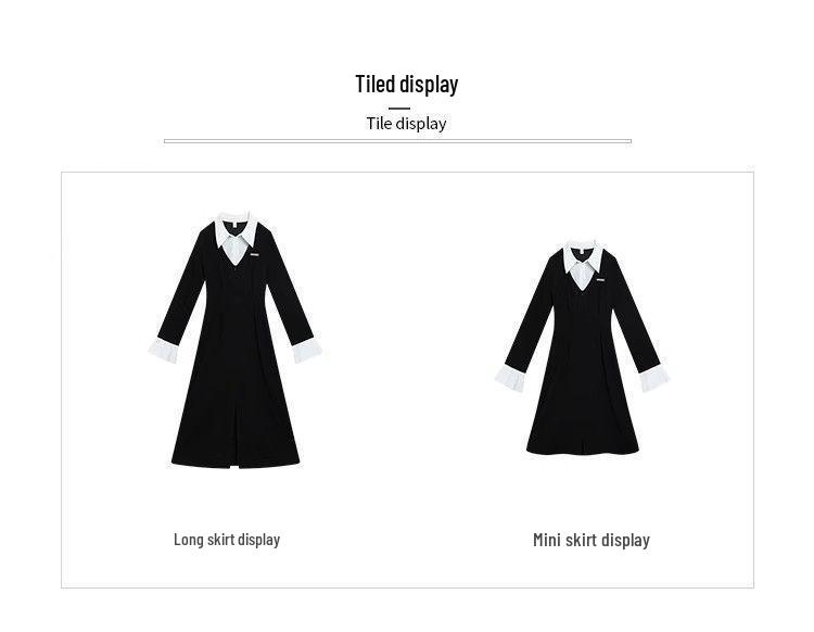 Women's Japanese Style Long Sleeve Polo Dress with Waist-Cinching & Slit A-Line Skirt - Contrasting Colors, Faux Two-Piece, Spring Arrival