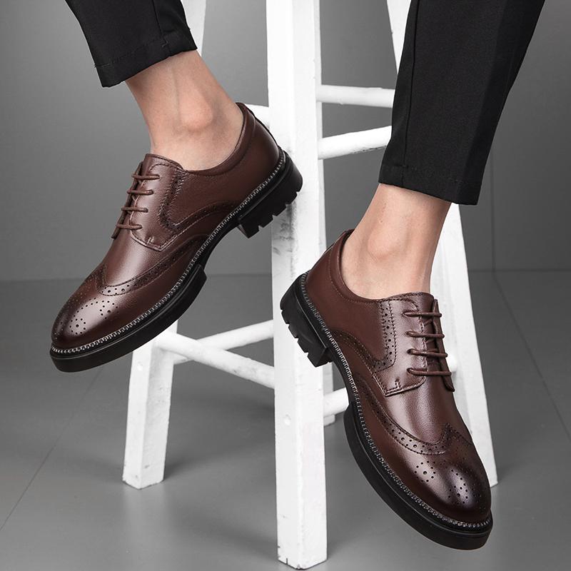 Brand Mens Oxford Genuine Leather Shoes Black Brown Handmade Lace Up Round Head Dress Shoes Wedding Office Business Formal Shoes