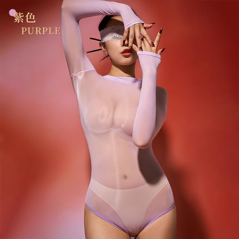 Sexy Women Cosplay Maid Oil Glossy Shiny HIgh Cut Bodysuit Sheer See Through Elastic Shapping Tight Cute Dance Leotard