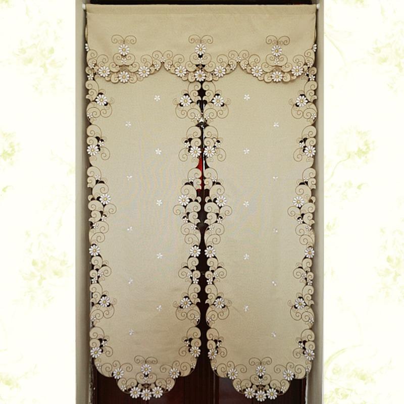 Rideau Court Kaki Clair Tissu Brodé Rideau de Porte Marguerite Rideau Élégant pour Chambre Salon Salle de Bain Cuisine, Sans Tringle, 1 pièce