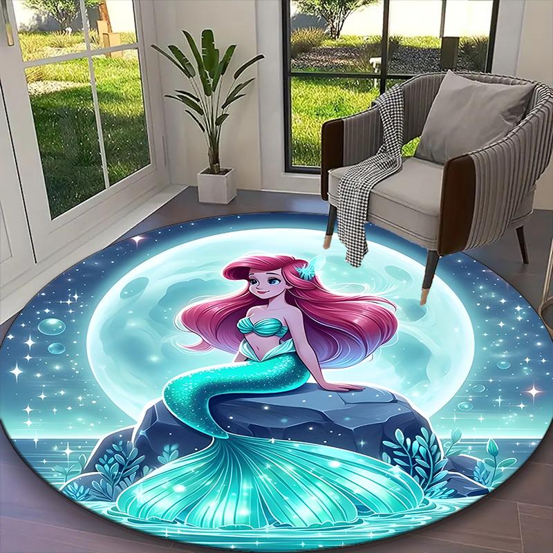 1pc Office Carpet, Ariel Little Mermaid Blue Moonlight Ocean Floral Chair Rug, Living Room Printed Round Rug, Home Chair Floor Mat