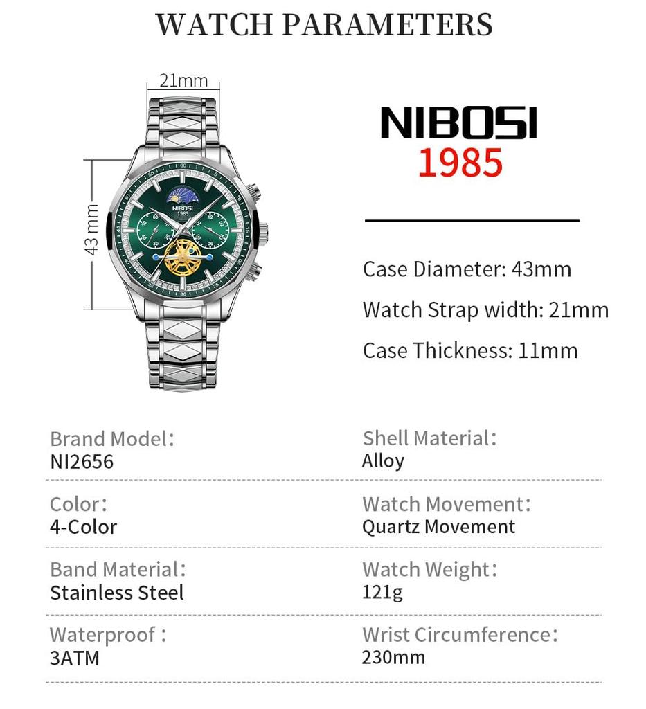 NIBOSI Business Big Designer Metal Stainless Skeleton Gift for Green Men's Wristwatch, Chronograph, Face, Brand, Stylish, Casual, Band, Steel, Analog,