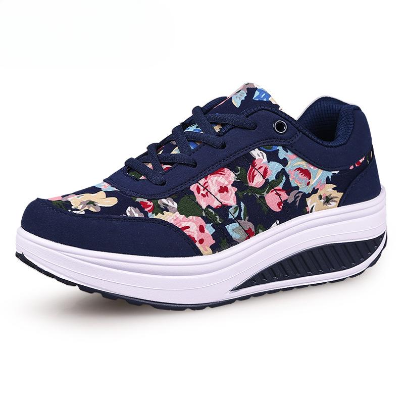 Damen Atmungsaktive Toningschuhe Geblümt Bequem Dicke Sohlen Schwingschuhe Plateau Keil Abnehmende Sneaker