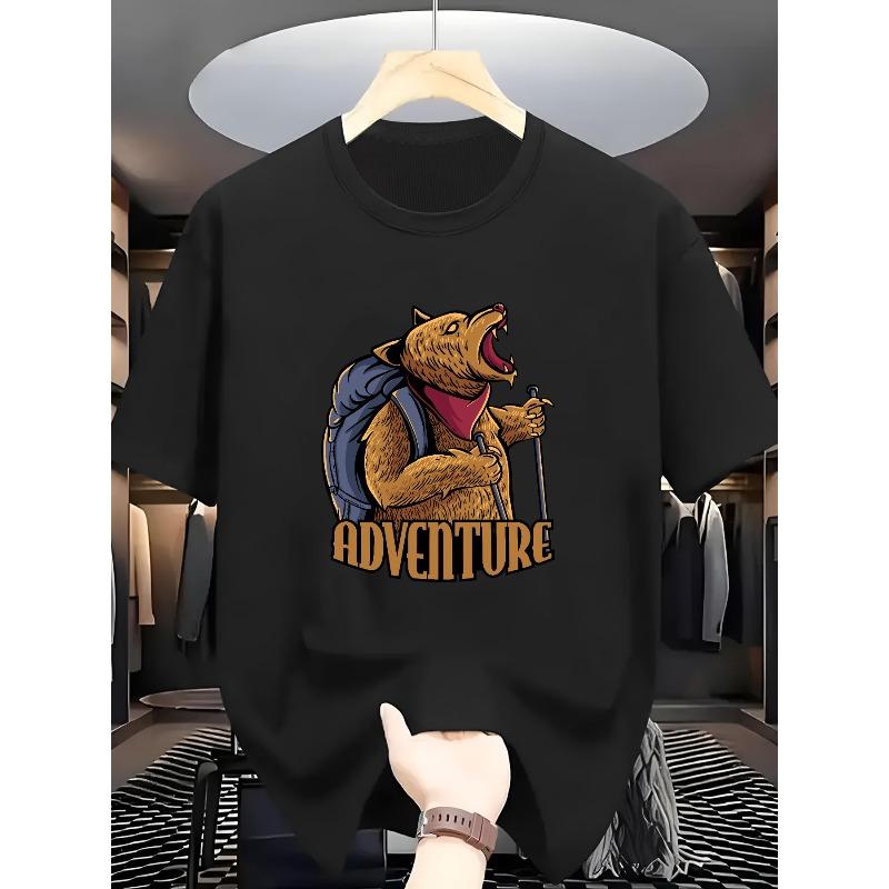 Europäische Größen Herren T-Shirts Wanderbär Aufdruck Rundhals Kurzarm T-Shirt, Zeigt Abenteuergeist Bequemes Lässiges Kurzarm-T-Shirt