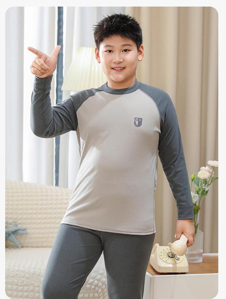 Cozy Kids' Patchwork Thermal Set: Antibacterial Boys' & Girls' Underwear and Pajamas for Autumn & Winter